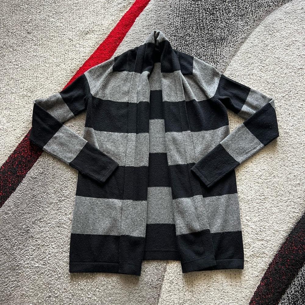 Theory - 100% Cashmere Black and Gray Striped Cardigan